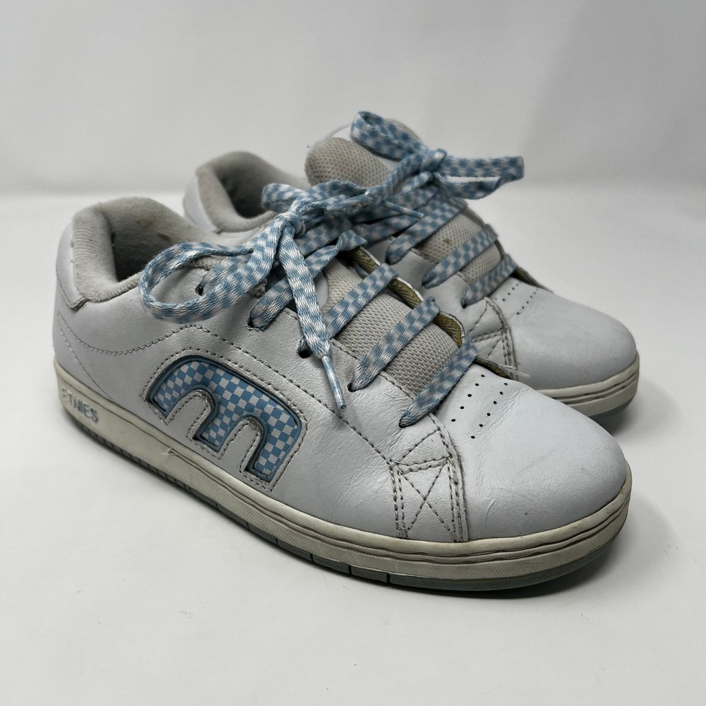 Vintage Etnies Kids Callicut White Blue Checkered Skate Shoes Sneaker Size 5 Y2K